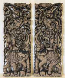 Wood Wall Art Carving Thai Guardian Angels Sculpture 2 Panel Asian Carved Elephant Picture Hand Teak Ethnic Wooden Mounted 35.5