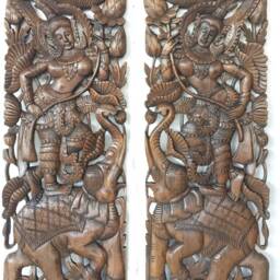 Wood Wall Art Carving Thai Guardian Angels Sculpture 2 Panel Asian Carved Elephant Picture Hand Teak Ethnic Wooden Mounted 35.5 - thumbnail 3