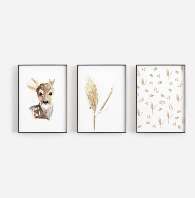 Pampas Set/Foliage 3 Illustrations Deer - Myosotis Boho Decor