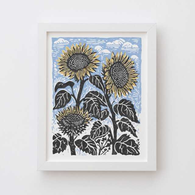 Sunflowers Art Print - Vintage Inspired Floral Linocut Block Print Style Poster, Archival Fine Art Print. Cute Nature Flowers Folk Gift - image 1