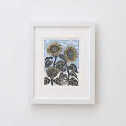 Sunflowers Art Print - Vintage Inspired Floral Linocut Block Print Style Poster, Archival Fine Art Print. Cute Nature Flowers Folk Gift - thumbnail 2