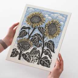 Sunflowers Art Print - Vintage Inspired Floral Linocut Block Print Style Poster, Archival Fine Art Print. Cute Nature Flowers Folk Gift - thumbnail 3