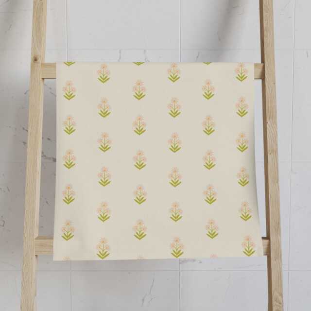Hand Towel, Boho Floral Block Print, Green Pink Cream, Flowers Kitchen Bohemian Bathroom Tea Dish Towel - image 1