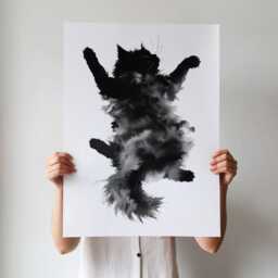 Black & White Cat Art Print Furry Kitten Illustration, Minimalist Decor, Ultimate Relaxation - thumbnail 3