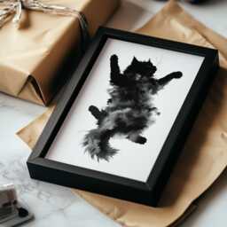 Black & White Cat Art Print Furry Kitten Illustration, Minimalist Decor, Ultimate Relaxation - thumbnail 1