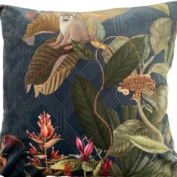 Blue Italian Velvet Cushion Cover Colibri Toucan Monkey Floral Botanical Pink Red Navy Printed - thumbnail 3