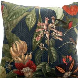 Blue Italian Velvet Cushion Cover Colibri Toucan Monkey Floral Botanical Pink Red Navy Printed - thumbnail 4
