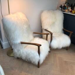 Sheepskin Chair , Icelandic Sheepskin Luxury Chair, Retro White Fur Genuine Mid Century - thumbnail 3