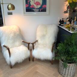 Sheepskin Chair , Icelandic Sheepskin Luxury Chair, Retro White Fur Genuine Mid Century - thumbnail 2