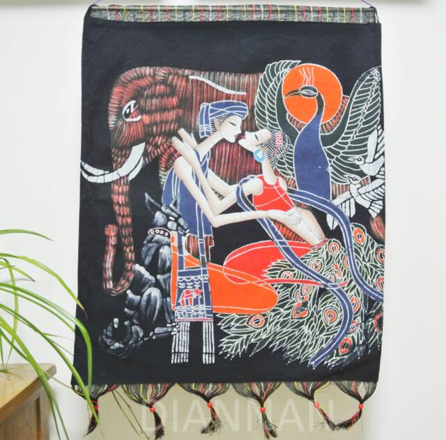 Vintage , Batik Painting Tapestry, The Elephant & Lovers, Good Luck For Artist, Indigo Wall Hanging - image 1
