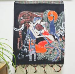 Vintage , Batik Painting Tapestry, The Elephant & Lovers, Good Luck For Artist, Indigo Wall Hanging - thumbnail 1