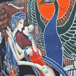 Vintage , Batik Painting Tapestry, The Elephant & Lovers, Good Luck For Artist, Indigo Wall Hanging - thumbnail 3