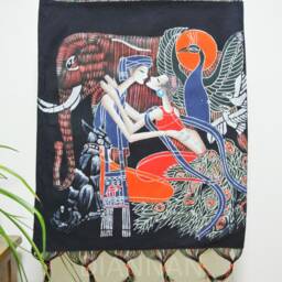 Vintage , Batik Painting Tapestry, The Elephant & Lovers, Good Luck For Artist, Indigo Wall Hanging - thumbnail 2