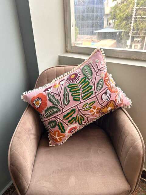 Floral Embroidery Lumbar Pillow Cover Boho Throw Pillow, 12x20 Inch - image 1