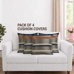 Satin Stripe Cushion Cover - Khaki Brown, Cream, Navy - Set Of 4 - Hidden Zip
