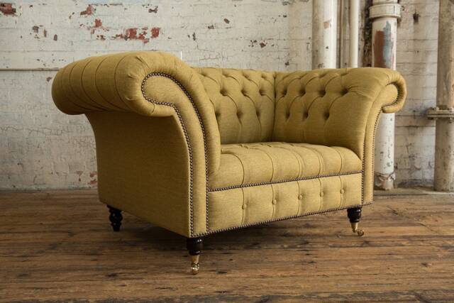Mustard Herringbone Wool Chesterfield Snuggle Armchair, British Handmade - image 1