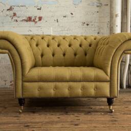 Mustard Herringbone Wool Chesterfield Snuggle Armchair, British Handmade - thumbnail 2