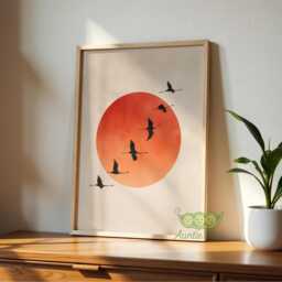 Burnt Orange Sun Bird Wall Art, Japandi Flying Cranes Print, Minimalist Japanese Style Decor, Modern Zen Poster, Large Living Room Artwork - thumbnail 3