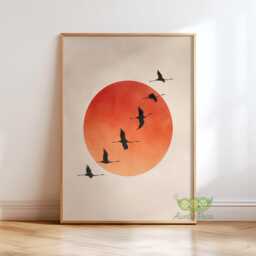 Burnt Orange Sun Bird Wall Art, Japandi Flying Cranes Print, Minimalist Japanese Style Decor, Modern Zen Poster, Large Living Room Artwork - thumbnail 1