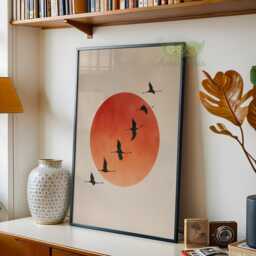 Burnt Orange Sun Bird Wall Art, Japandi Flying Cranes Print, Minimalist Japanese Style Decor, Modern Zen Poster, Large Living Room Artwork - thumbnail 2