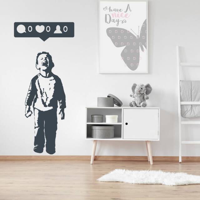 Crying Boy With Cellphone Artist Wall Sticker - Social Media Phone Gift For Party Decal Sign Street Art Face Friend Cell Book Mural - image 1