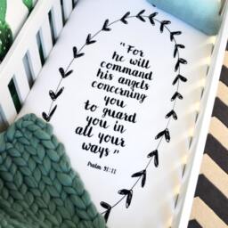 Crib Sheet Bible Quote, Psalm 9111, Fitted Sheet, Bedding, Baptism, Organic Black & White, Baby Boy - thumbnail 3