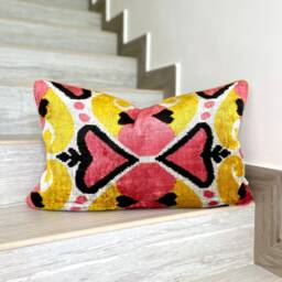 Velvet Ikat Pillow Cover Apricot Hearts - Decorative Cushion For Sofa Or Bed - thumbnail 1