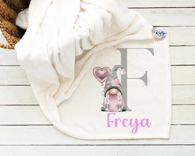 Personalised Blanket - Initial Gonk Gift For Her Custom Name Pink Gonks Holding Balloon - image 1