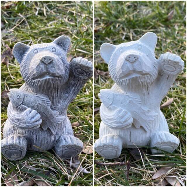 Handmade Bear With Fish Solid Cement Statue - image 1