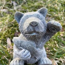Handmade Bear With Fish Solid Cement Statue - thumbnail 2