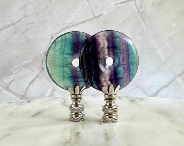 Fluorite Mineral Lamp Finials On Chrome Hardware - Green, Purple, & Teal Tones A Matching Pair - image 1