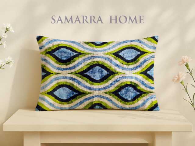 Handwoven Ikat Velvet Pillow Blue Green Wave Motif, Central Asian Cushion - image 1