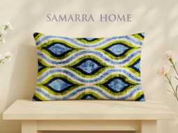 Handwoven Ikat Velvet Pillow Blue Green Wave Motif, Central Asian Cushion