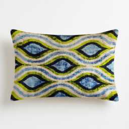 Handwoven Ikat Velvet Pillow Blue Green Wave Motif, Central Asian Cushion - thumbnail 3