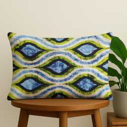 Handwoven Ikat Velvet Pillow Blue Green Wave Motif, Central Asian Cushion - thumbnail 2
