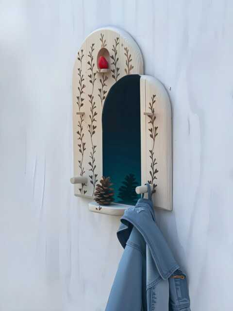 Handcrafted Entryway Mirror With Shelf & Hooks Floral Wood-Burning Design - image 1