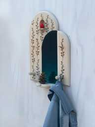 Handcrafted Entryway Mirror With Shelf & Hooks Floral Wood-Burning Design - thumbnail 1