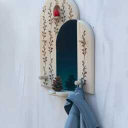 Handcrafted Entryway Mirror With Shelf & Hooks Floral Wood-Burning Design - thumbnail 3