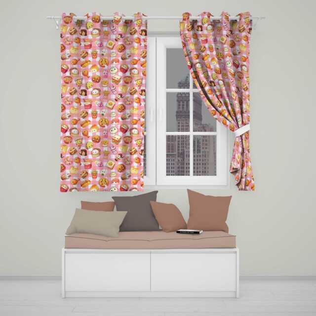 Cute Kawaii Fast Food Snacks Gingham Picnic Red Background Seamless Pattern Readymade Eyelet Ring Top Thermal 100% Blackout Curtains - image 1