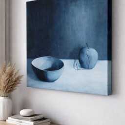 Surrealist Original Painting - Quirky Blue Apple & Bowl Wall Art, Visual Metaphor - thumbnail 3