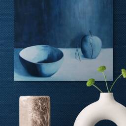 Surrealist Original Painting - Quirky Blue Apple & Bowl Wall Art, Visual Metaphor - thumbnail 4