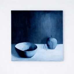 Surrealist Original Painting - Quirky Blue Apple & Bowl Wall Art, Visual Metaphor - thumbnail 1
