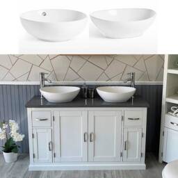 White Painted Bathroom Vanity Unit Cabinet Ceramic Basin Tap Set Grey Quartz 402Pgqcbcx2