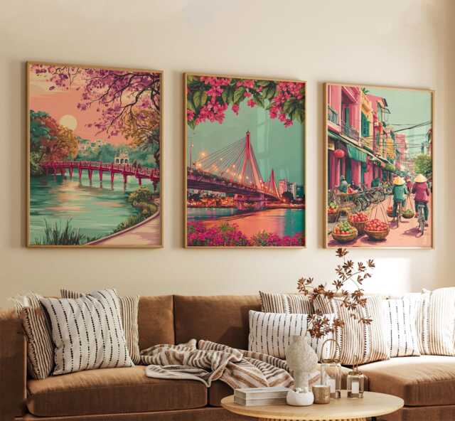 Hanoi Vietnam Poster Set Of 3, Vintage Inspired City Landscape Wall Art, Neutral Asian Travel Prints - image 1