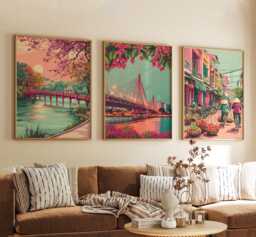 Hanoi Vietnam Poster Set Of 3, Vintage Inspired City Landscape Wall Art, Neutral Asian Travel Prints - thumbnail 1
