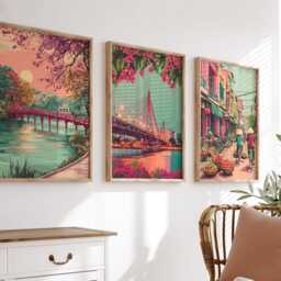Hanoi Vietnam Poster Set Of 3, Vintage Inspired City Landscape Wall Art, Neutral Asian Travel Prints - thumbnail 2