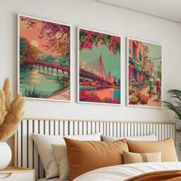 Hanoi Vietnam Poster Set Of 3, Vintage Inspired City Landscape Wall Art, Neutral Asian Travel Prints - thumbnail 3