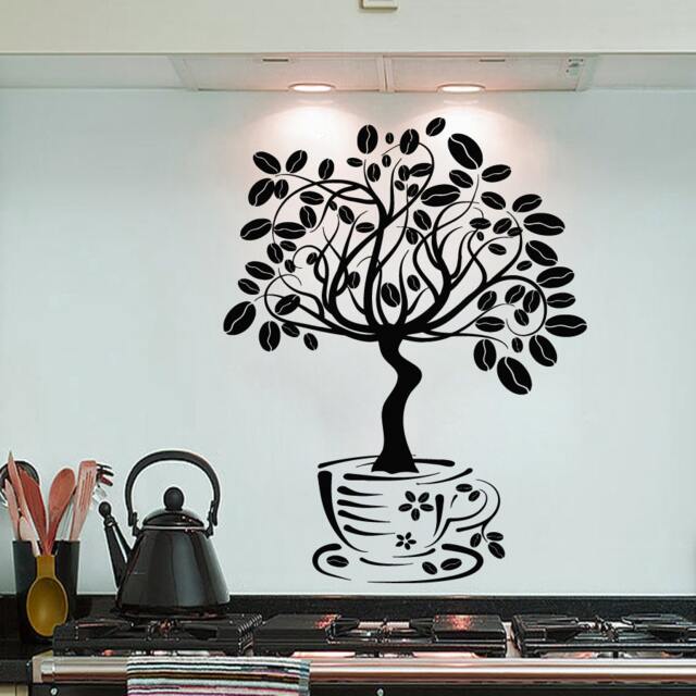 Wall Decals Cup Coffee Beans Tree Flowers Decal Vinyl Sticker Art Home Decor Mural Interior Design Cafe Kitchen Ms418 - image 1