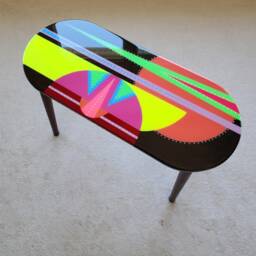 Oval Yellow Pink Resin Side Tables, Colorful Painted Wood Art Coffee Table - thumbnail 3