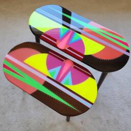 Oval Yellow Pink Resin Side Tables, Colorful Painted Wood Art Coffee Table - thumbnail 2
